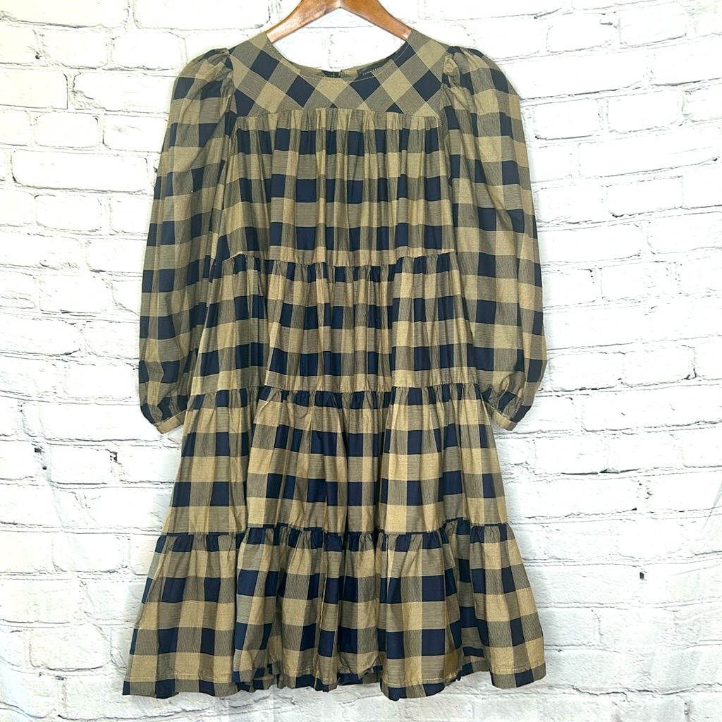Summersalt Long Sleeve Blue & Tan Check Dress Size Small Excellent Condition